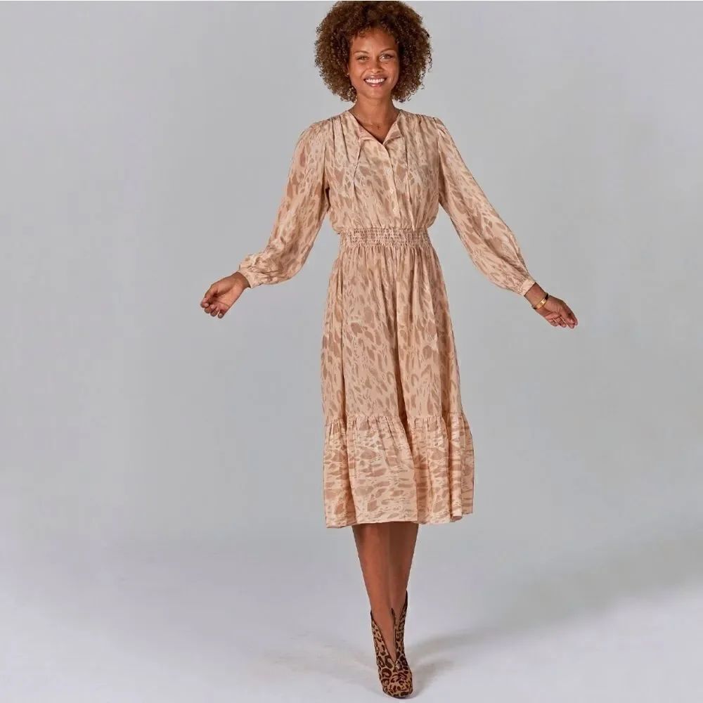 Tucker Juliette Dress Ivory Safari in Crepe de Chine Silk Midi Ruffles